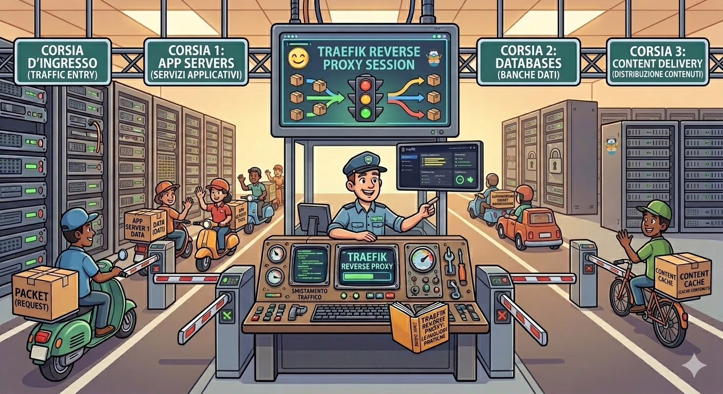 Schema architettura Traefik come reverse proxy integrato con Docker